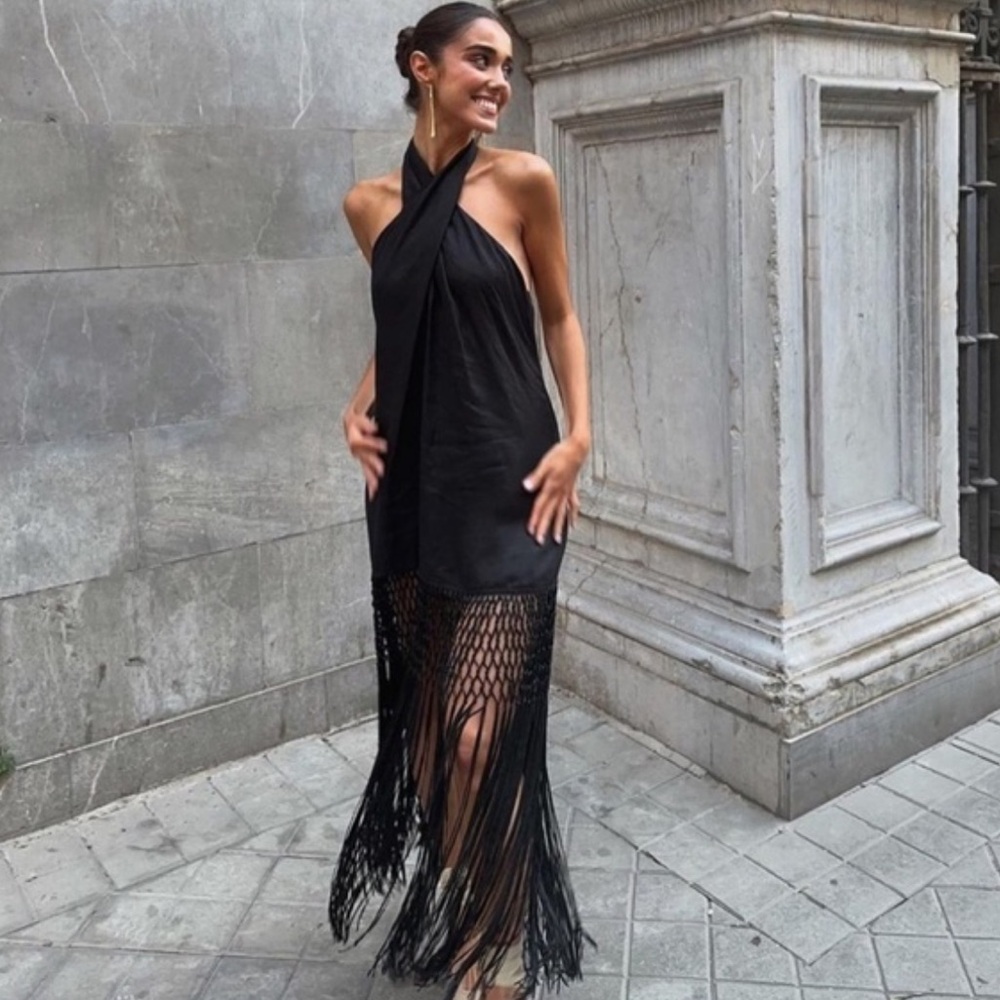 Zara Black Halter Mini Dress with Fringe Hem